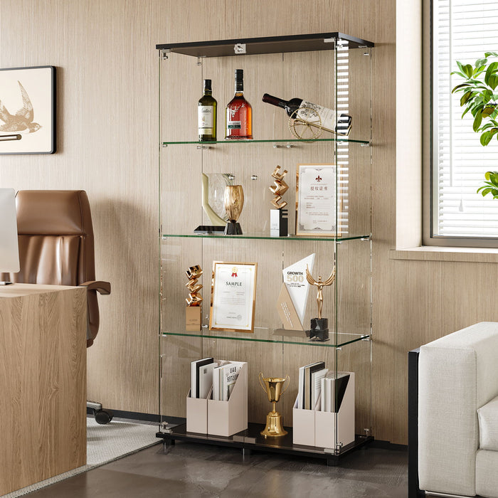 Giga modern black glass display cabinet with four shelves, double doors, and lock, featuring tempered glass for living room storage.
