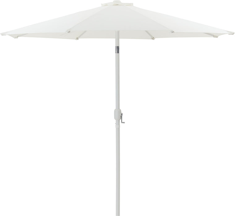 Meridian Furniture Fiji aluminum patio umbrella with round black and white base for outdoor shade and sun protection.