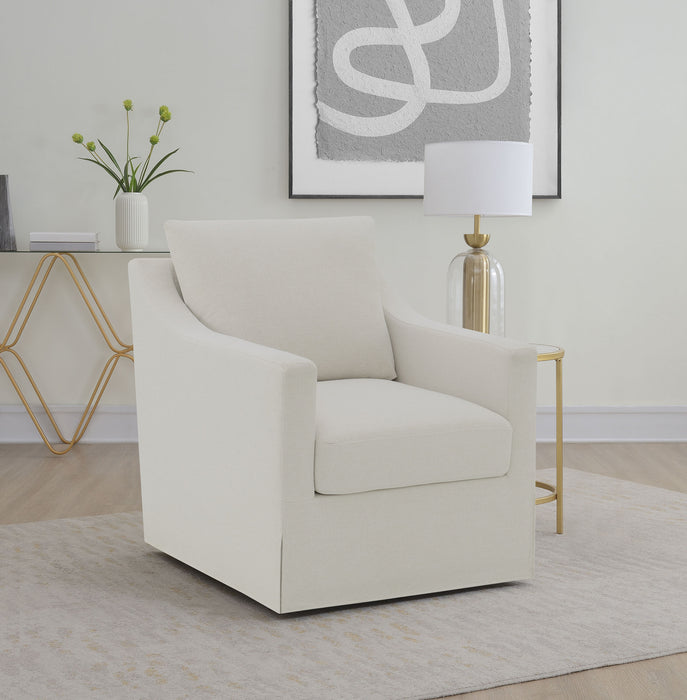 CoasterEveryday beige winter upholstered accent swivel chair with sloped arms and plush cushioning