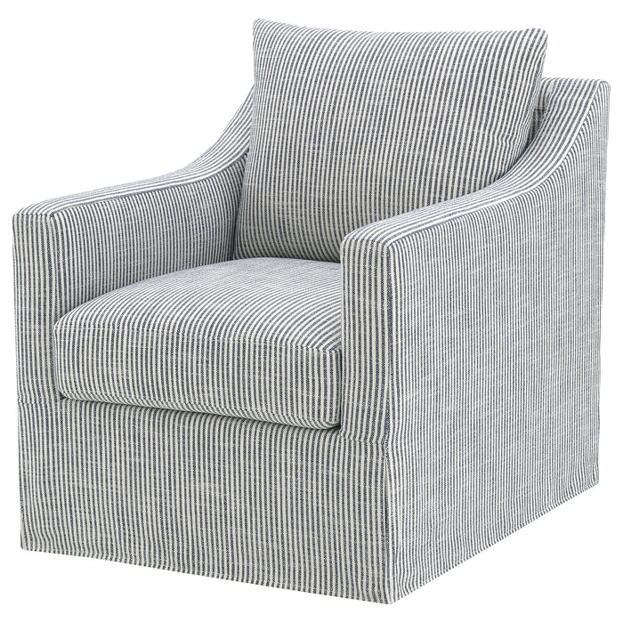 CoasterEveryday navy blue upholstered sloped arm accent swivel chair with a rounded back and cushioned seat