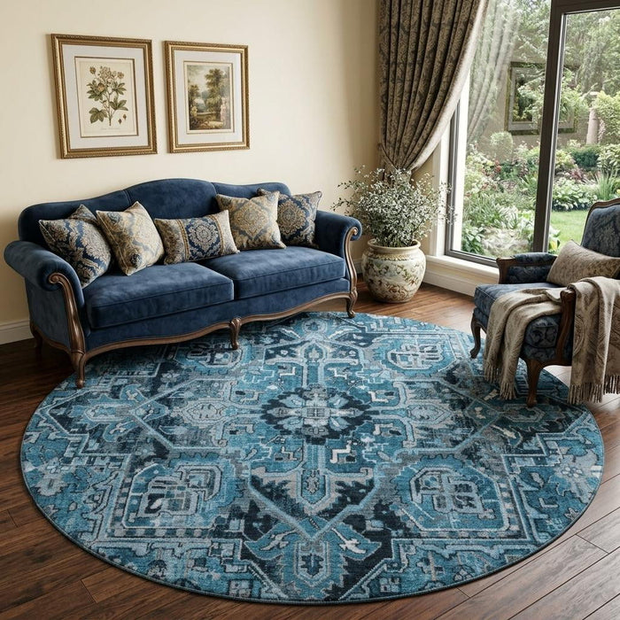8' Oriental Washable Round Rug With UV Protection (649699) - Blue / Ivory