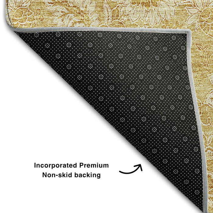 10' X 14' Floral Washable Area Rug With UV Protection (655060) - Gold / Wheat