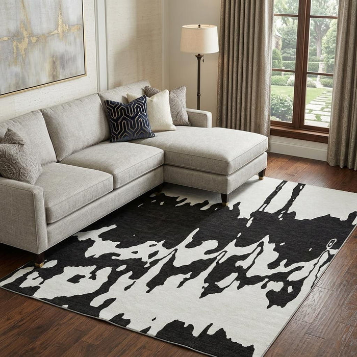 10' X 14' Abstract Washable Area Rug With UV Protection (676116) - Black / Ivory