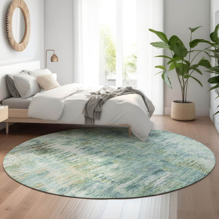 8' Abstract Washable Round Rug With UV Protection - Teal / Ivory