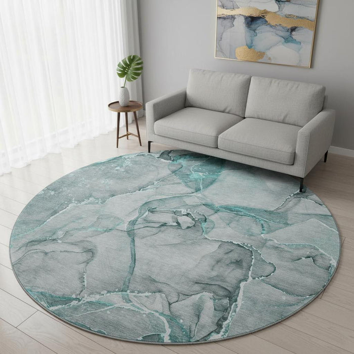 8' Abstract Washable Round Rug With UV Protection (647281) - Teal / Ivory