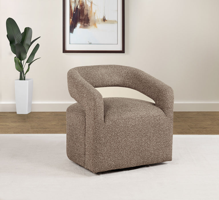 Rocky Road Westhill boucle upholstered swivel accent chair with plush fabric and modern design, featuring wooden legs and a comfortable seat.