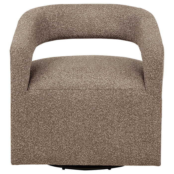 CoasterEveryday Westhill Boucle Upholstered Swivel Accent Chair in Rocky Road fabric with cushioned back and armrests.