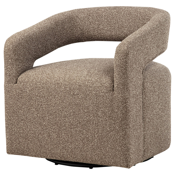 Rocky Road Westhill Boucle Upholstered Swivel Accent Chair with plush fabric and modern design, showing the chair's rounded shape and swivel base.