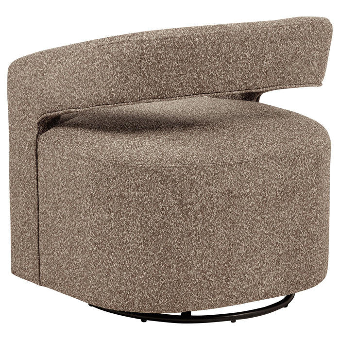 CoasterEveryday Westhill Boucle Upholstered Swivel Accent Chair in Rocky Road fabric with a plush, rounded design and swivel base.