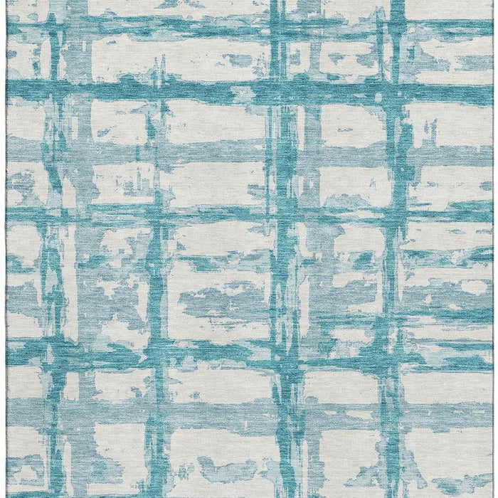 9' X 12' Striped Washable Area Rug Polyester With UV Protection - Teal And Ivory