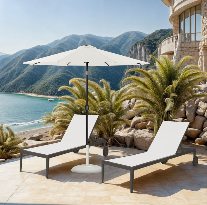 Fiji aluminum patio umbrella by Meridian Furniture with round white and black base, outdoor canopy for shade and style.