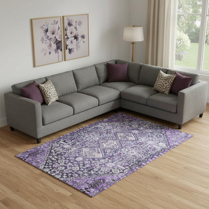 10' X 14' Geometric Washable Area Rug With UV Protection (705173) - Purple / Ivory