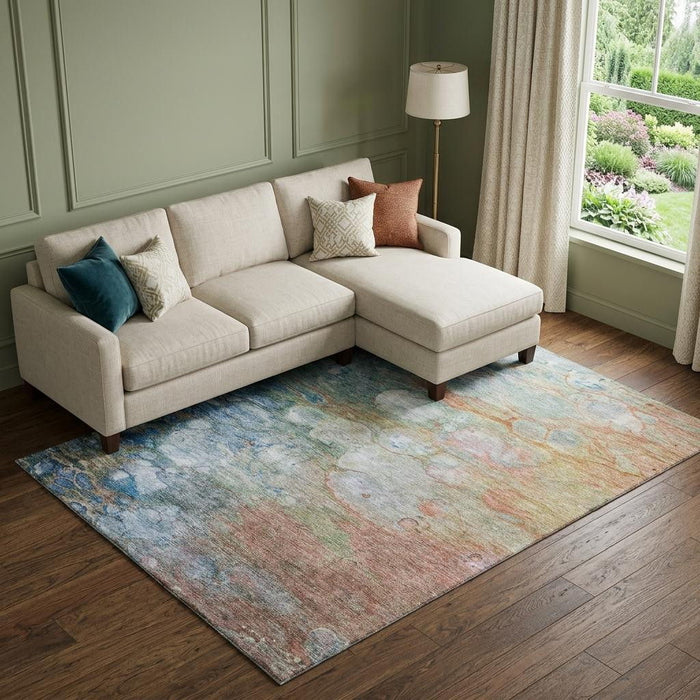10' X 14' Abstract Washable Area Rug With UV Protection (656717) - Coral / Blue / Ivory