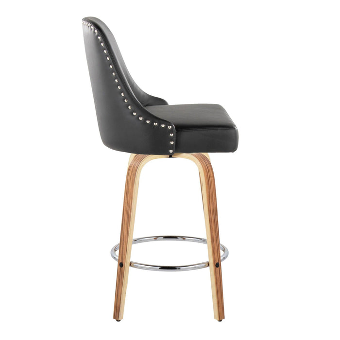 Marcel - 27" Fixed-Height Counter Stool With Swivel And Round Chrome Metal Footrest (Set of 2) - Zebra Wood And Black Faux Leather With Chrome Nailhead Trim