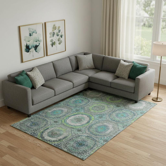 10' X 14' Geometric Washable Area Rug With UV Protection (716527) - Teal / Lime Green