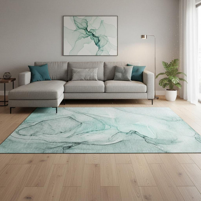 10' X 14' Abstract Washable Area Rug With UV Protection (646656) - Teal / Ivory