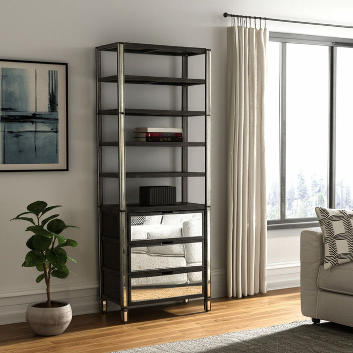 Mirrored Four Tier Bookcase With Three Drawers - Dark Brown