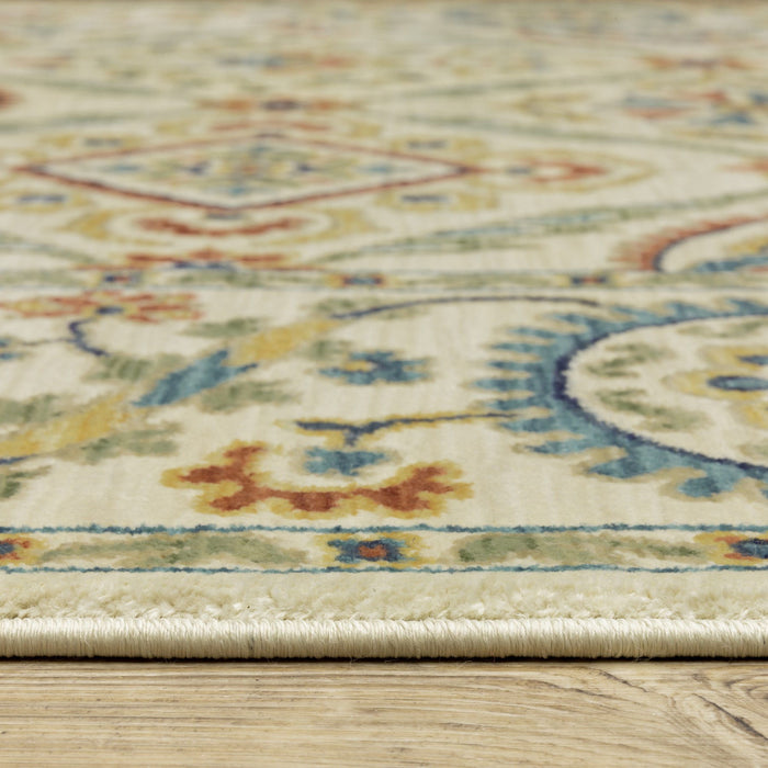 10' X 13' Oriental Area Rug With Fringe (574602) - Ivory / Blue / Red