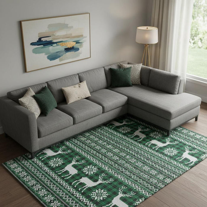 10' X 14' Abstract Geometric Washable Area Rug With UV Protection (701972) - Green / Black / Ivory
