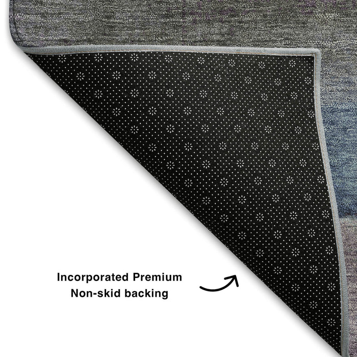 10' X 14' Abstract Washable Area Rug With UV Protection (709618) - Denim Blue / Beige / Eggplant