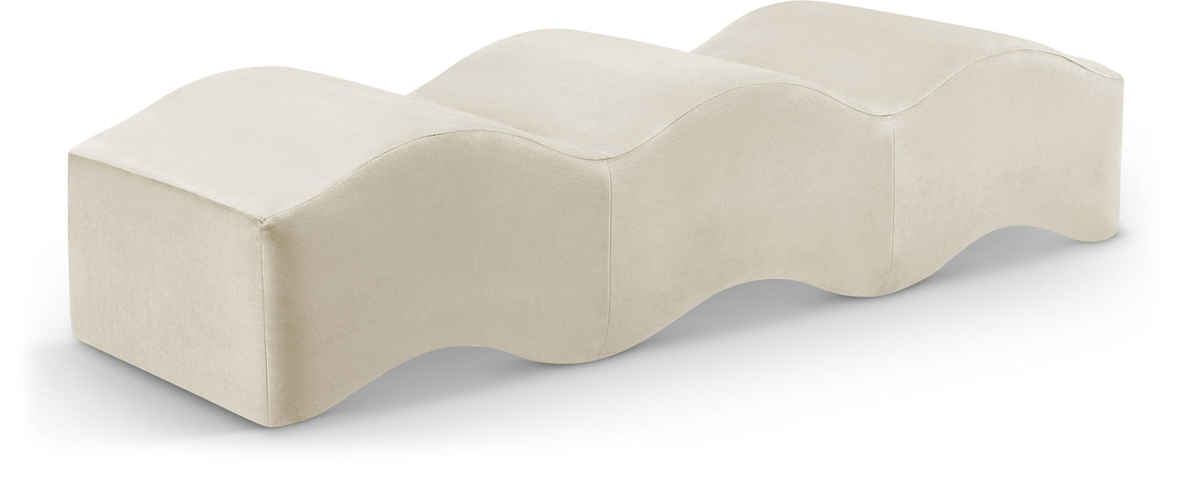 Upholstered Wave Bench by Meridian Furniture featuring a modern, curved design with soft fabric upholstery and wooden legs.