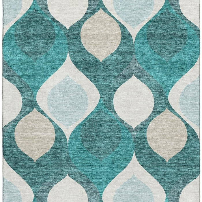 10' X 14' Ogee Washable Area Rug With UV Protection - Teal And Ivory