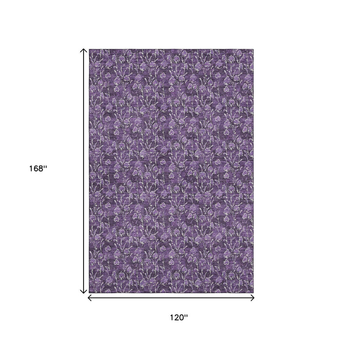 10' X 14' Floral Washable Area Rug With UV Protection (656466) - Purple / Ivory