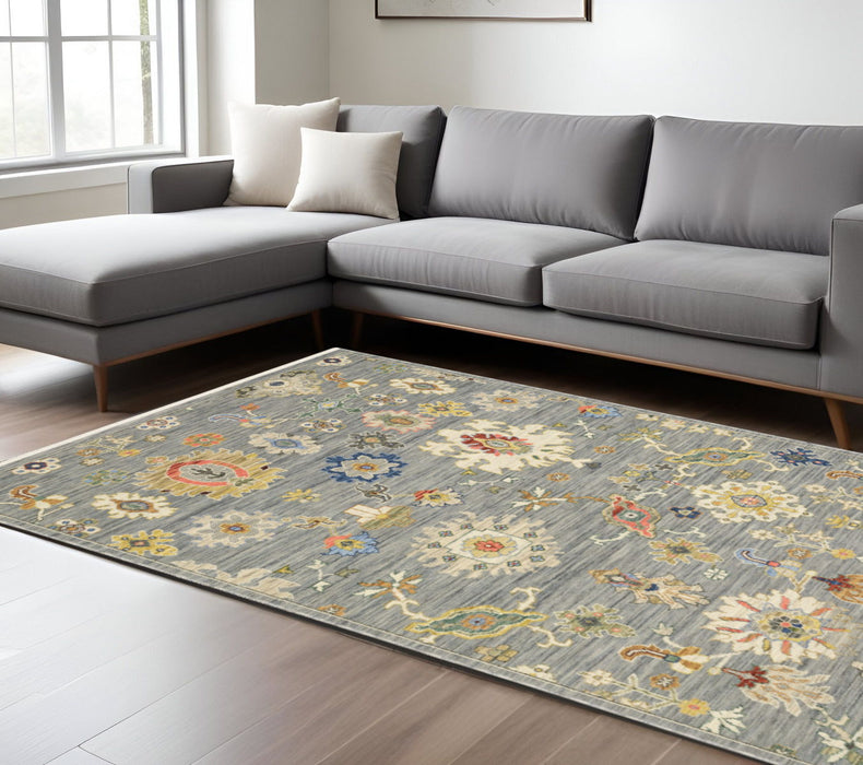 8' x 11' Oriental Power Loom Stain Resistant Area Rug With Fringe - Gray Ivory Gold Salmon Red Blue And Green