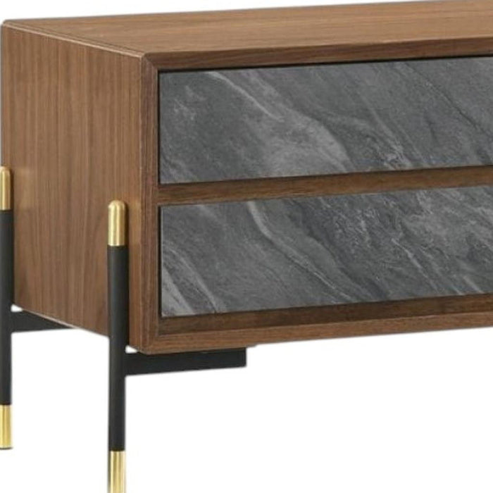 Mid Century Faux Marble Two Drawer Nightstand - Walnut And Gray