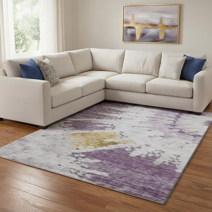 9' X 12' Abstract Washable Area Rug With UV Protection (651303) - Purple / Gold / Ivory