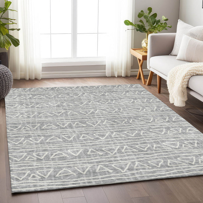 10' X 14' Geometric Washable Area Rug Polyester With UV Protection - Gray And Silver