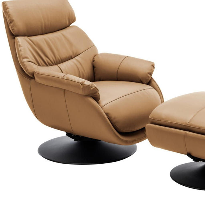 HomeRoots camel tufted genuine leather reclining swivel chair with matching ottoman, showcasing plush upholstery and modern design.