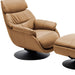 HomeRoots camel tufted genuine leather reclining swivel chair with matching ottoman, showcasing plush upholstery and modern design.