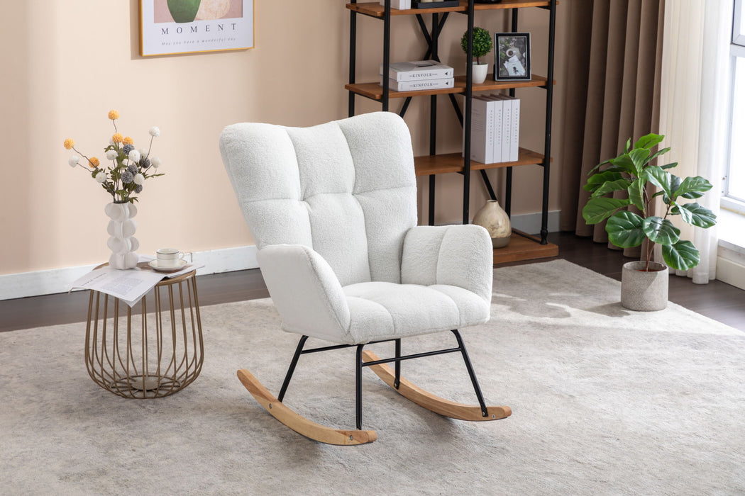 Ivory Giga Teddy Fabric Nursery Rocking Gilder Chair with cushioned seat and curved wooden base for living room comfort.