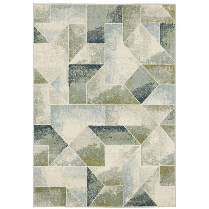 10' x 13' Geometric Power Loom Stain Resistant Area Rug - Blue Green Gray Gold And Ivory