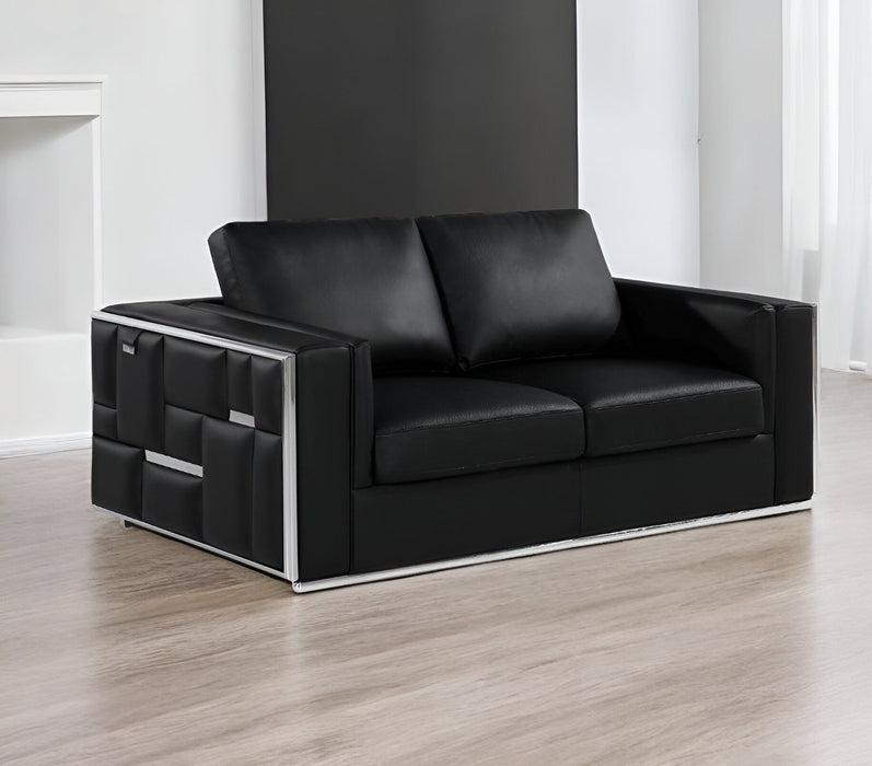 Metallic Leather Loveseat - Silver / Black