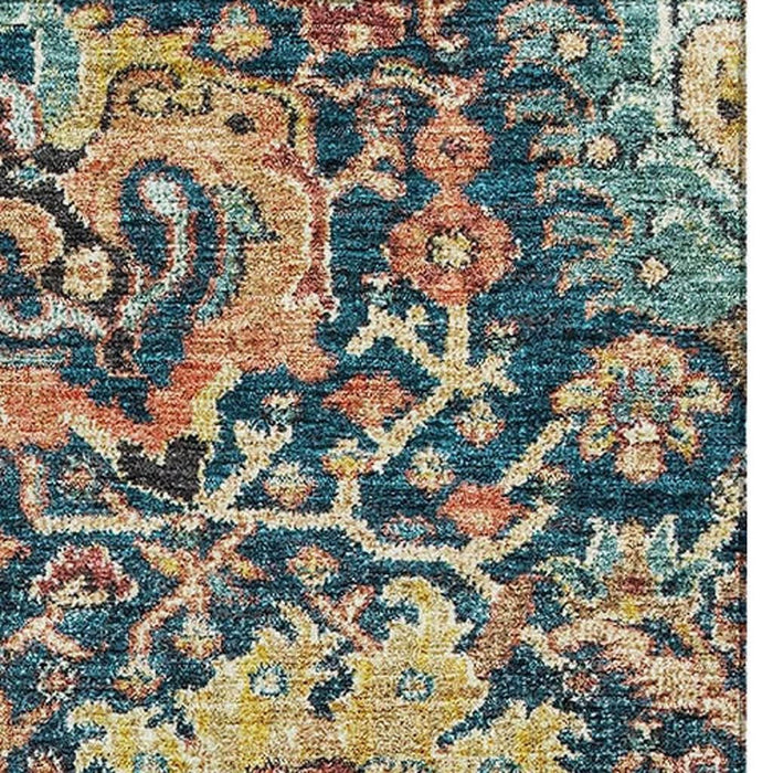 10' X 14' Damask Washable Area Rug With UV Protection (684304) - Navy Blue / Coral / Gold
