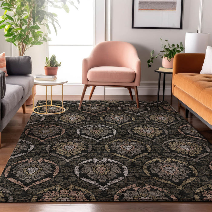 10' X 14' Medallion Washable Area Rug With UV Protection - Black / Gray