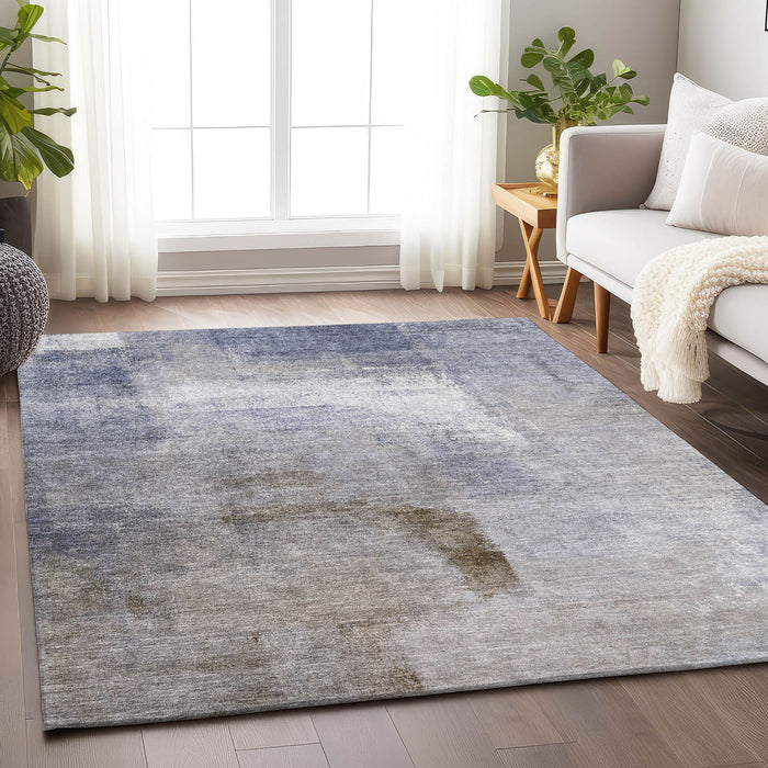 10' X 14' Abstract Washable Area Rug With UV Protection - Blue And Beige