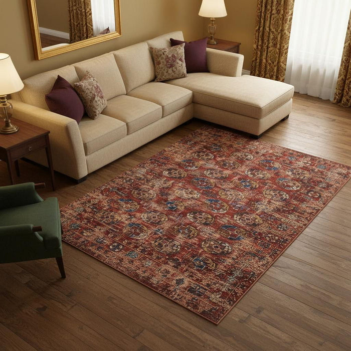 9' X 13' Tribal Washable Area Rug With UV Protection (609966) - Red / White