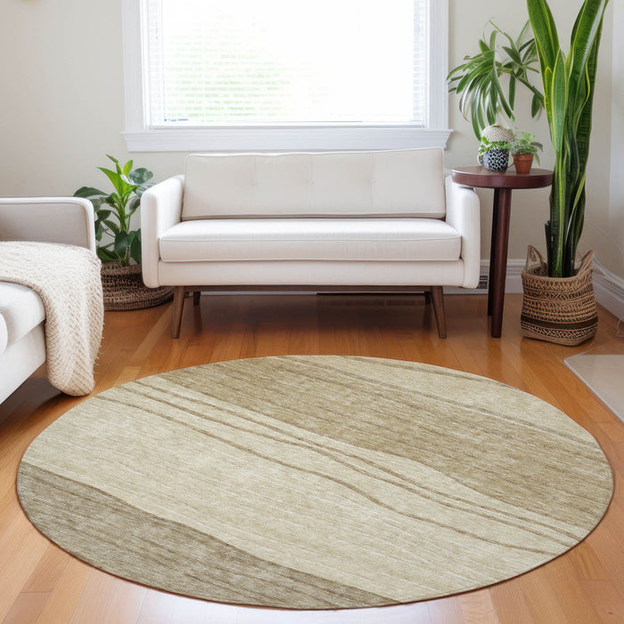 8' Striped Washable Round Rug With UV Protection - Beige And Brown