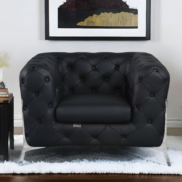 Italian Leather Tufted Chesterfield Chair - Black And Silver