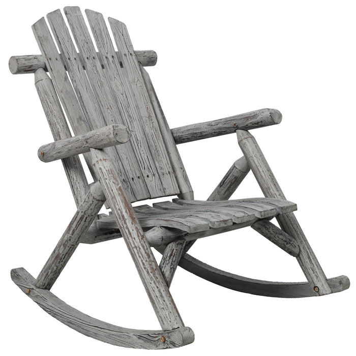 Giga durable wooden porch rocker made of fir logs, outdoor rocking chair with curved armrests and slatted seat for relaxing outdoor use.