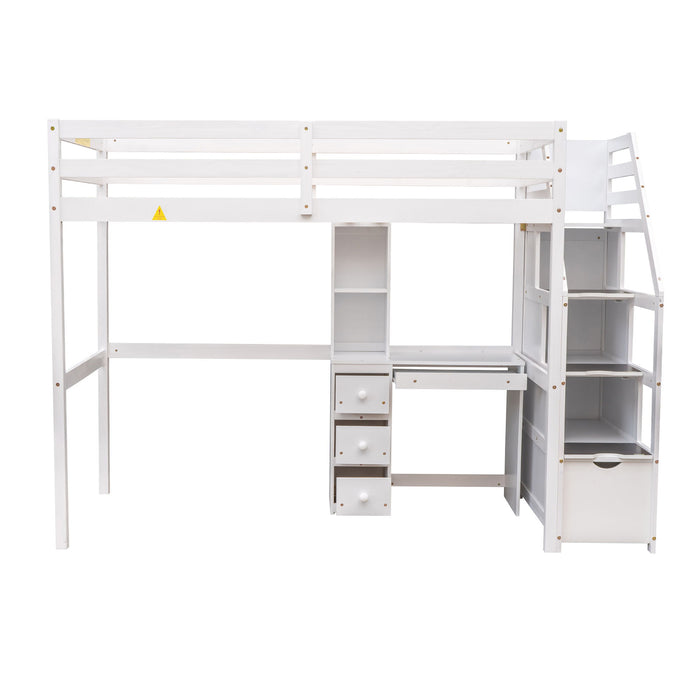 Giga loft bed with standalone bed, storage staircase, desk, shelves, and drawers in a modern bedroom setting.