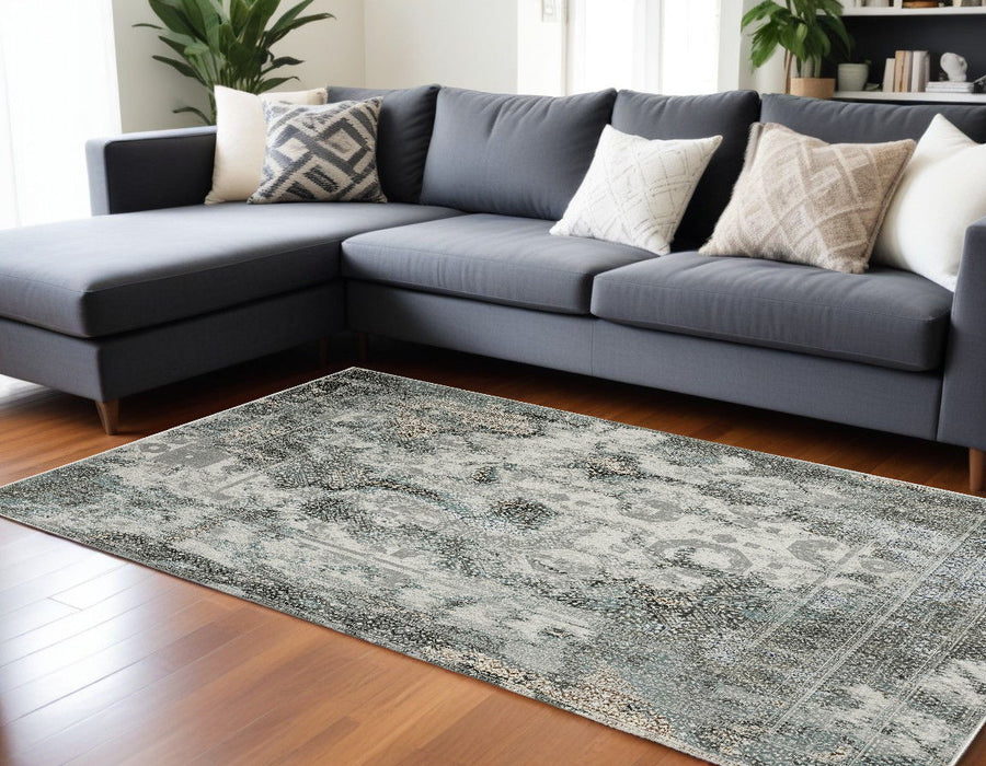 8' x 11' Oriental Power Loom Stain Resistant Area Rug - Ivory Gray Charcoal Blue And Rust