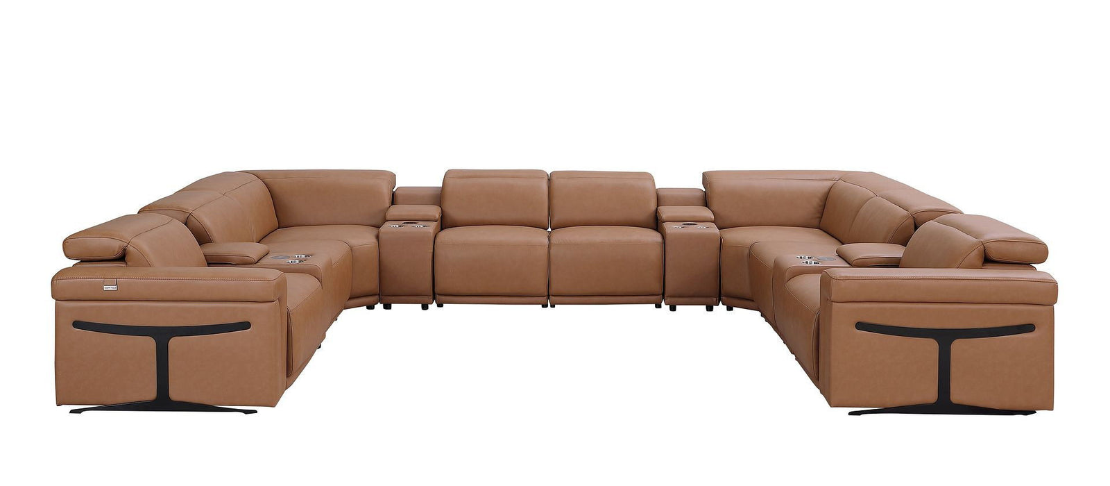 Italian Leather Power Reclining U Shaped Twelve Piece Sectional With Console - Chestnut
