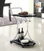 CoasterEveryday Elfman 2-tier glass shelf metal bar cart in black and chrome with sturdy frame and two glass shelves for storage