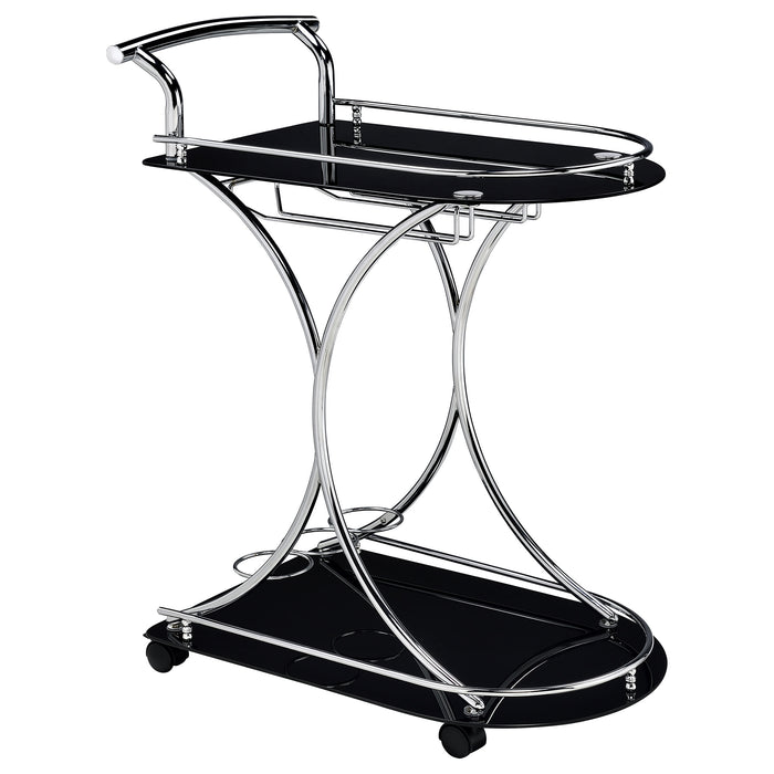 Black and chrome Elfman 2-tier glass shelf metal bar cart with modern design, featuring sturdy metal frame and clear glass shelves.