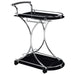 Black and chrome Elfman 2-tier glass shelf metal bar cart with modern design, featuring sturdy metal frame and clear glass shelves.