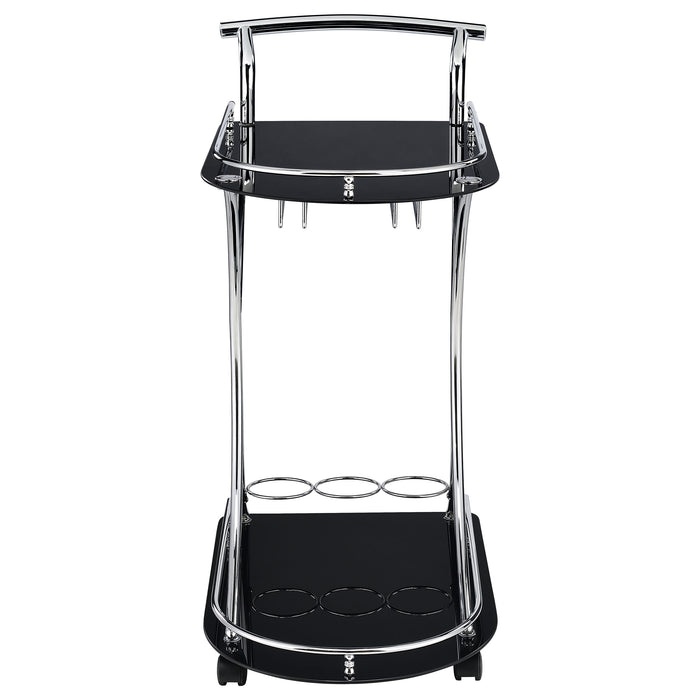 CoasterEveryday Elfman 2-tier glass shelf metal bar cart in black and chrome with sturdy frame and modern design.